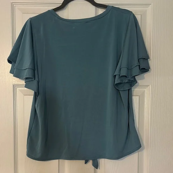Green Envelope Blue Flutter Sleeve Blouse with Tie Front - Picture 3 of 4